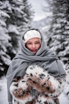 穿着冬装的女人被白雪覆盖的树木包围