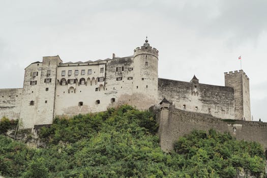 View of Hohensalzburg Fortress, a historic landmark in Salzburg, Austria.