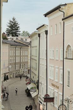 Picturesque street view of historic architecture in Salzburg, Austria, on a tranquil day.