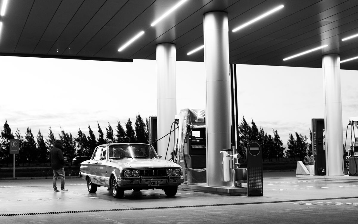 Classic American car cruising on a highway trip