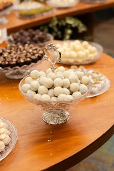 在弗洛里亚诺波利斯举行的令人愉快的婚礼上，展示了各种糖果，这些糖果被巧妙地放置在优雅的玻璃菜肴中