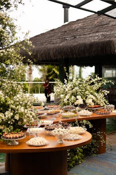 令人惊叹的婚礼装饰与一系列的甜点在海滨招待会，在巴西弗洛里亚诺波利斯举行