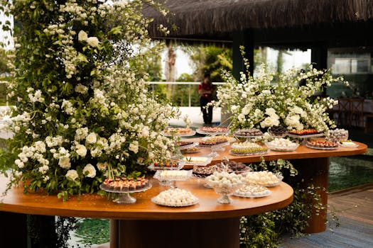 在婚宴上，优雅的花卉装饰与各种甜点共同营造出一个浪漫而温馨的氛围