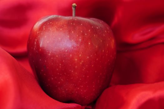 A single red apple on a rich red silky fabric, showcasing natural beauty and elegance.