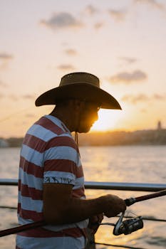 A man fishing at sunset in Istanbul, silhouetted against the Bosphorus waters, creating a moody scene.