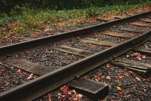 Free Capture of rustic railway tracks surrounded by autumn foliage in Bulgaria. Stock Photo