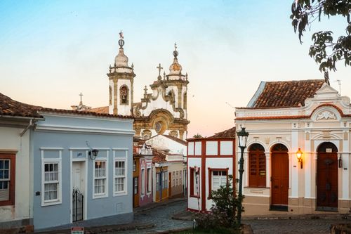Free Charming colonial streets of Ouro Preto, Brazil, with historic architecture at sunset. Stock Photo