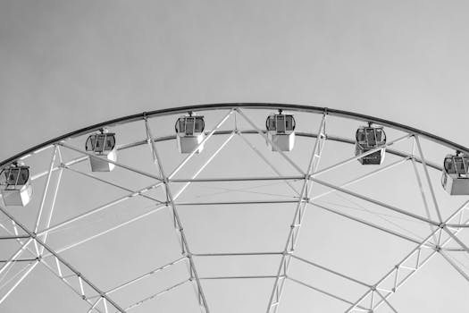 黑白摩天轮的极简主义照片，背景晴朗