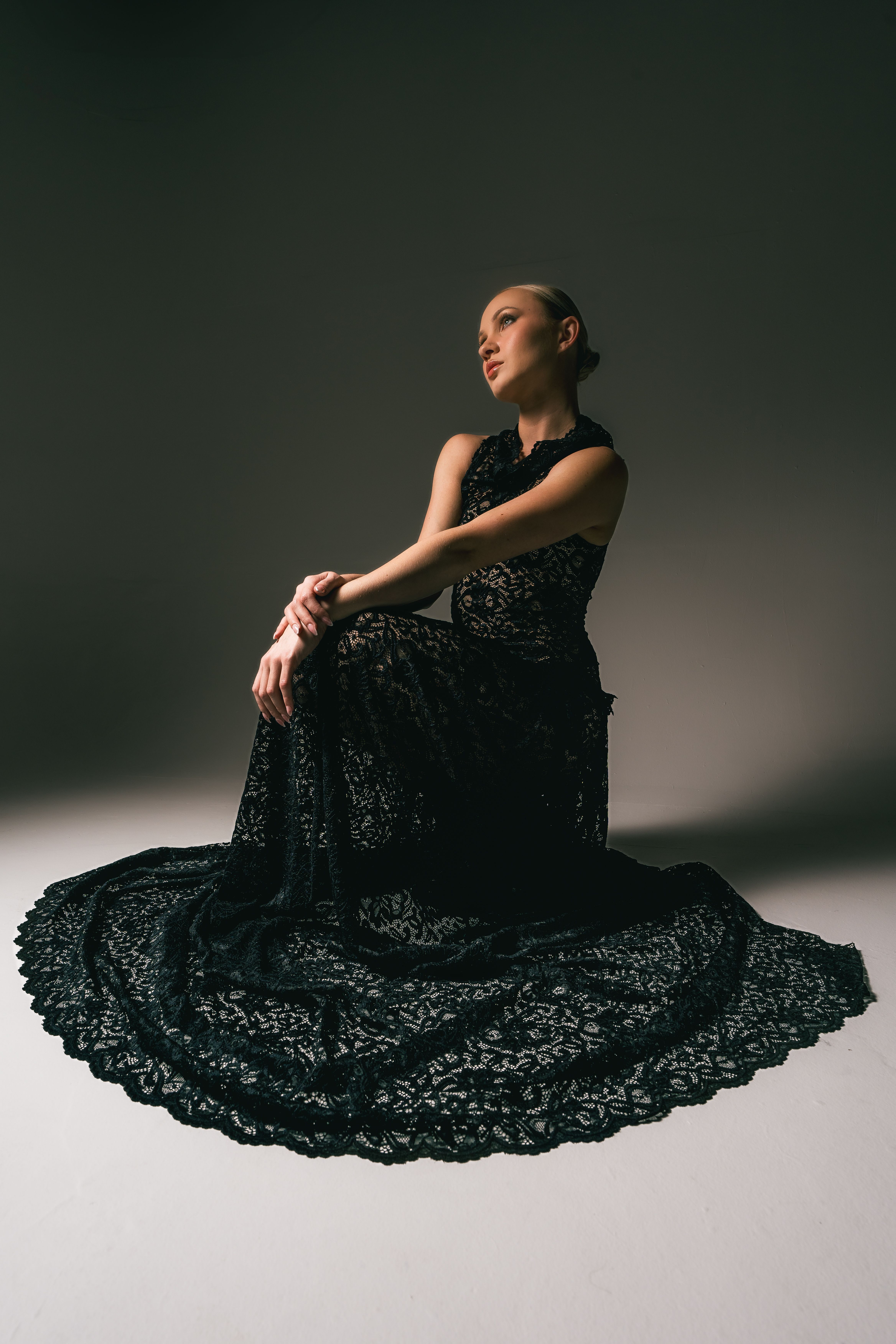 Elegant Woman in Black Lace Gown Stylish Portrait · Free Stock Photo
