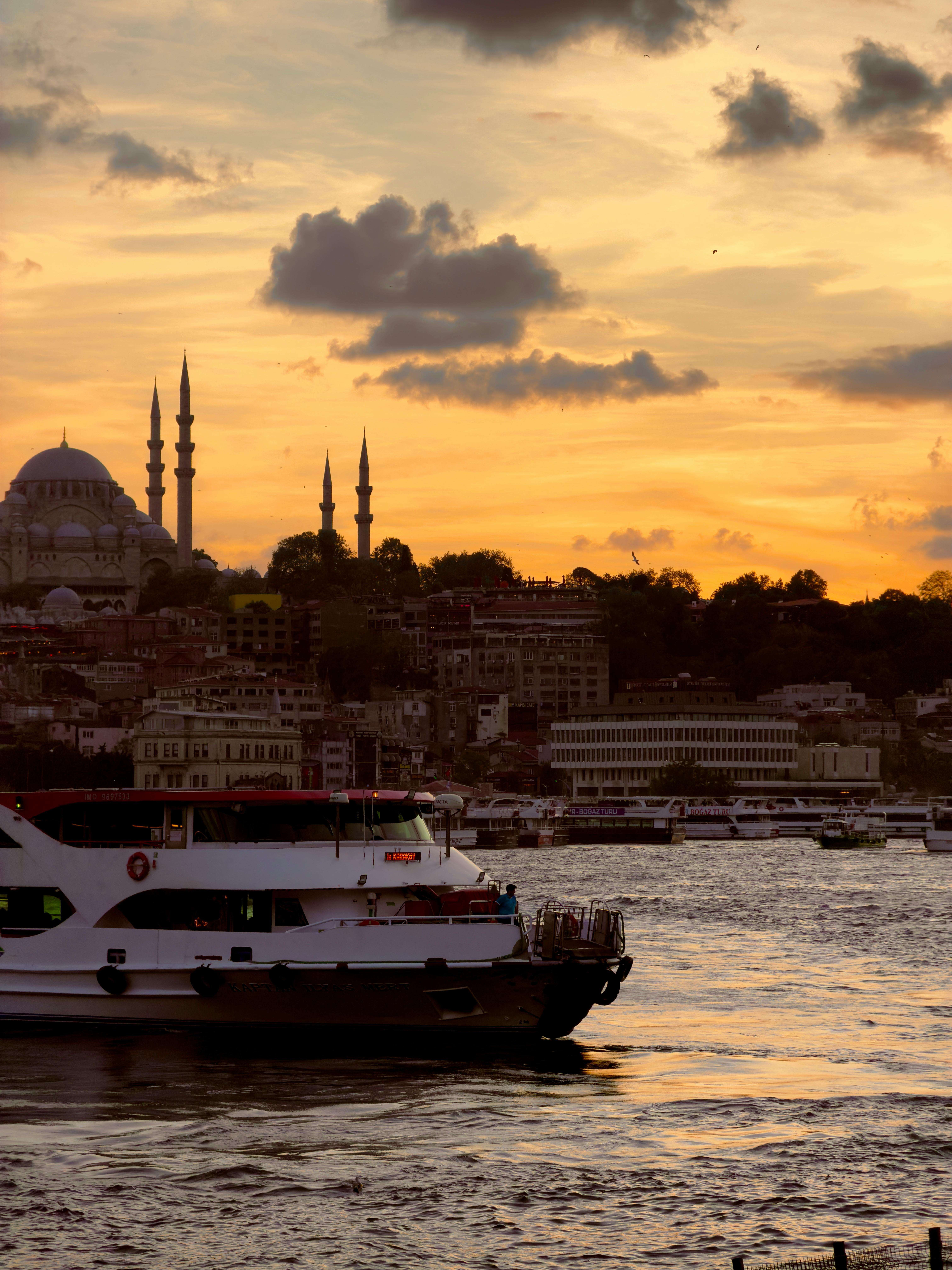 日落时分，博斯普鲁斯海峡的渡轮在水面上缓缓航行，周围景色如画