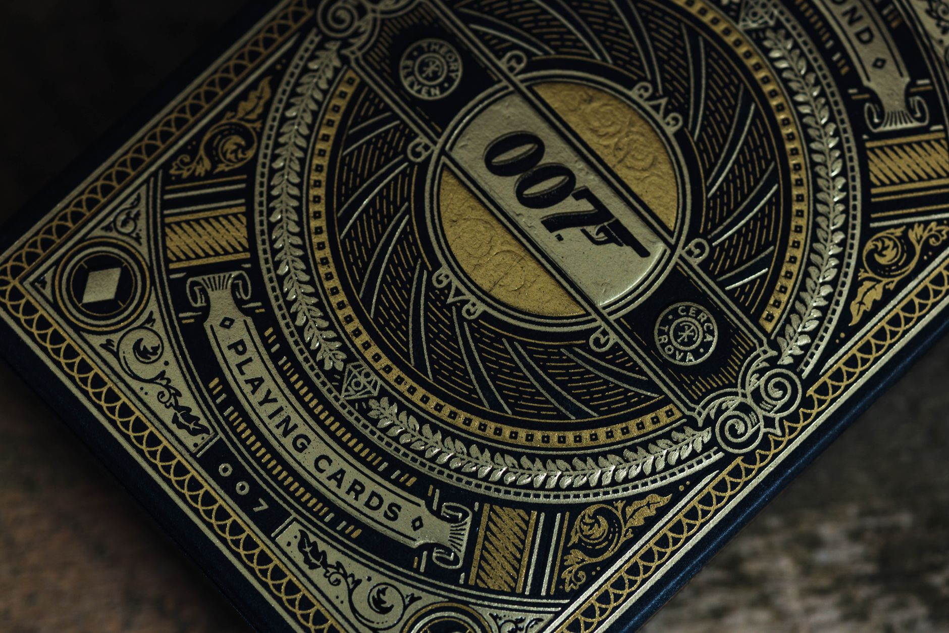 Elegant 007 playing cards featuring detailed gold and black design, perfect for collectors.