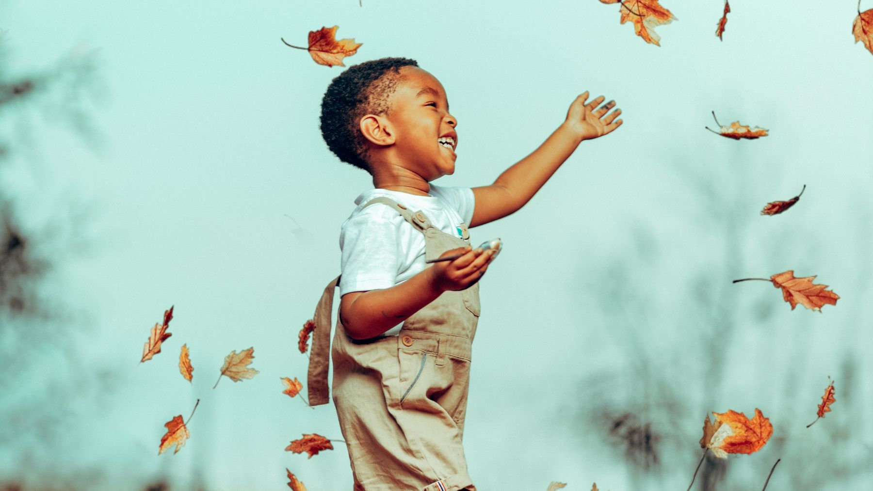 Child enjoying autumn leaves outdoors during the fall season