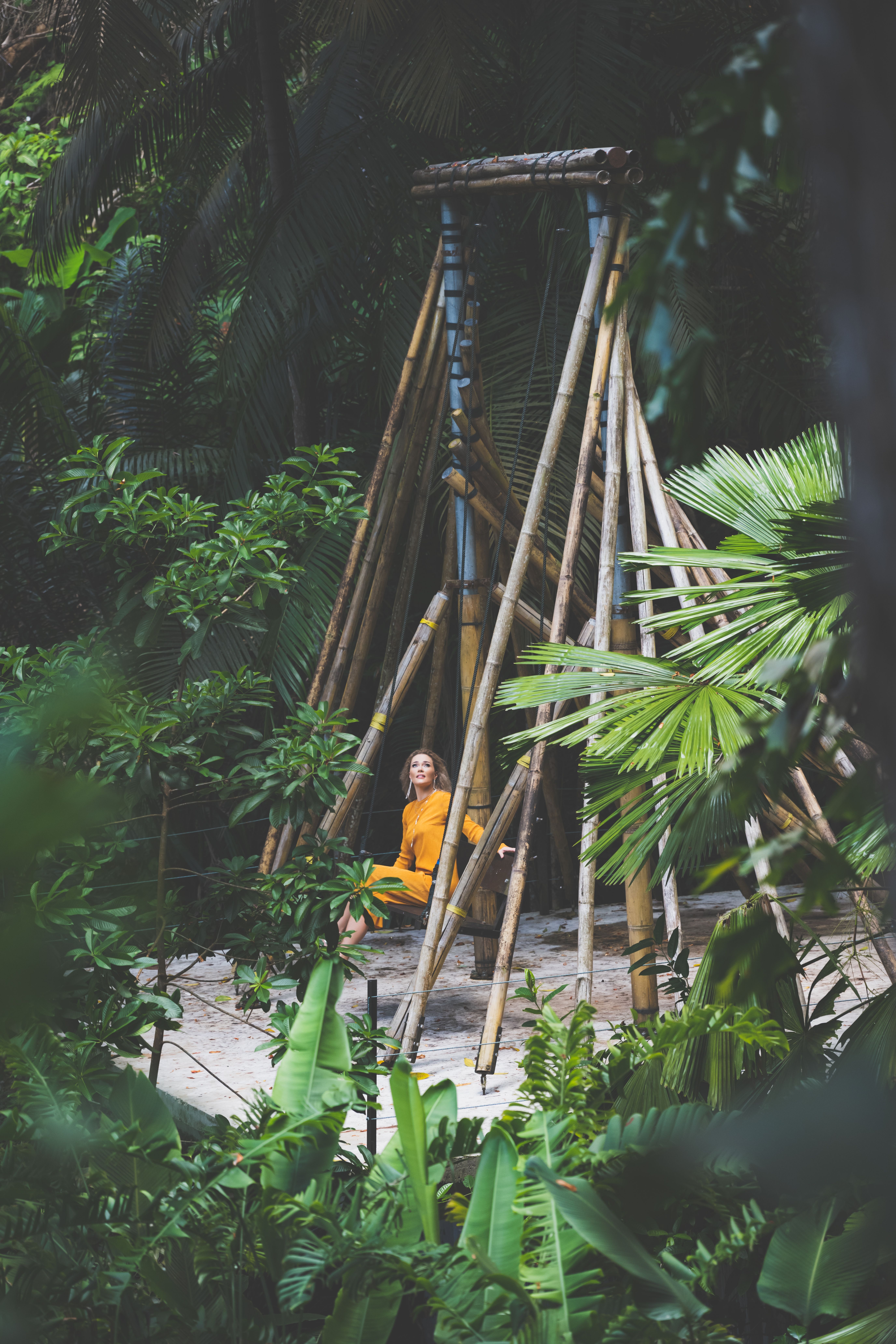 Woman Relaxing in Bamboo Jungle Structure  Free Stock Photo