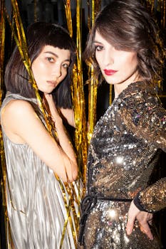 优雅的女性身着闪亮连衣裙，在金色装饰的夜晚中享受时光