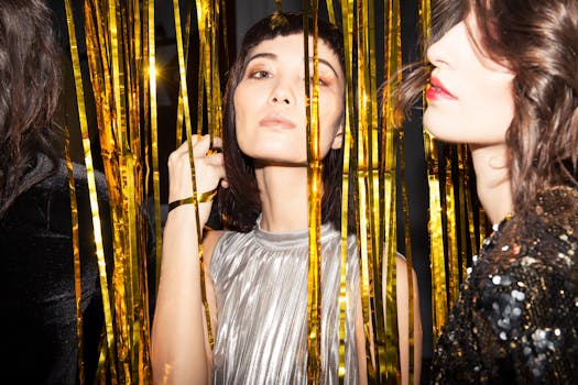 成年女性们在充满活力的夜间派对上，身着金色装饰，展示时尚，庆祝活动