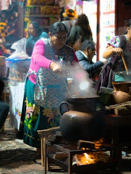 Traditional Mexican street vendor cooking with clay pots, capturing vibrant local culture.
