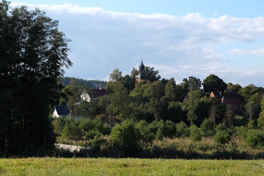 田园诗般的乡村景观，以树木、房屋和蓝天下的教堂塔楼为特色
