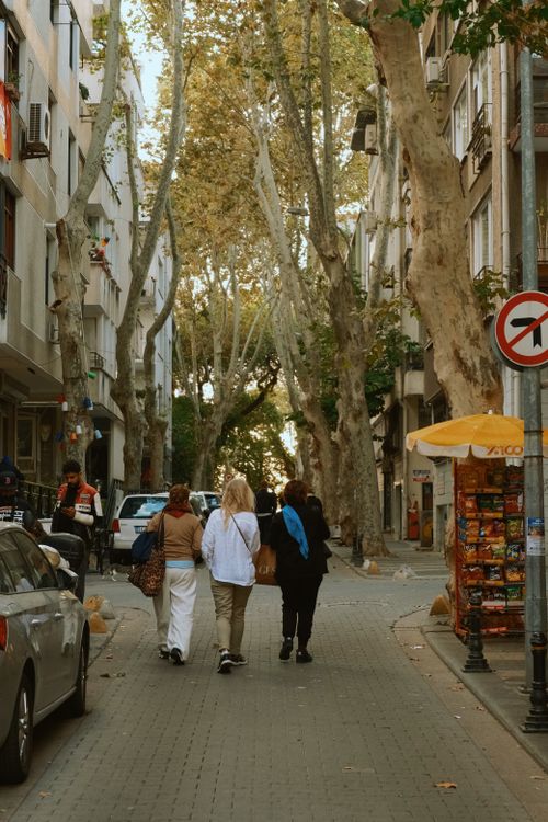 Free A tree-lined street with people walking, showcasing urban life in autumn. Stock Photo