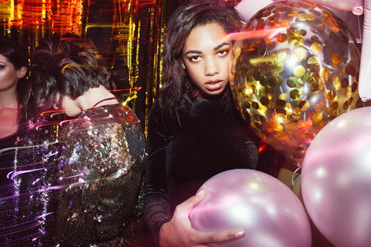 在热闹的派对上，时尚女性拿着彩色气球摆姿势