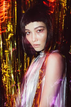 充满活力的灯光效果下，时尚年轻女性的创意肖像