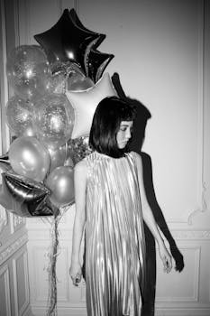 在黑白主题的派对上，一位身着褶皱连衣裙的时尚女士站在气球旁
