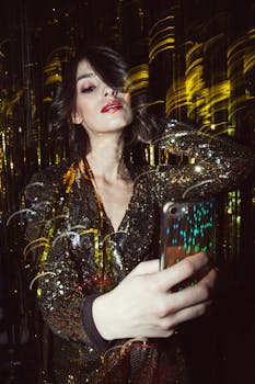 一位身着闪亮服装的时尚女性在灯光下自拍