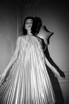 这是一幅亚洲女模特的单色肖像，她穿着优雅服装，手握星形气球