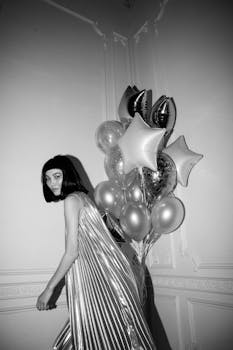 一位穿着褶皱连衣裙的时尚亚洲女性在室内手持气球摆姿势