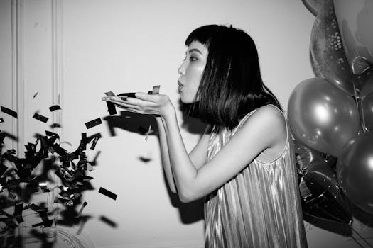 派对上，一位时尚的亚洲女性吹着五彩纸屑，周围气球环绕