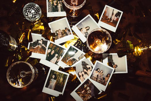 节日餐桌上，宝丽来照片和眼镜的集合捕捉了派对的回忆