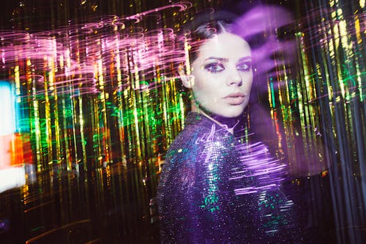 一幅充满活力的年轻女子动态肖像，光径色彩斑斓