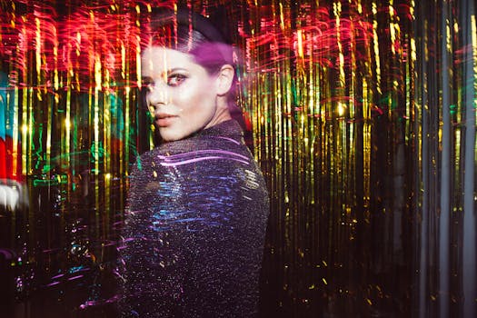 一位年轻女子在充满活力、色彩缤纷的环境中摆出姿势，闪闪发光的彩带营造出动态而时尚的外观