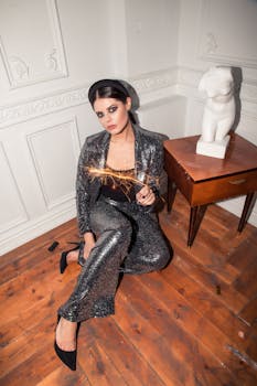 一位优雅的女子，身着闪闪发光的衣服，手持烟火，在室内庆祝除夕