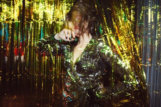 一位穿着亮片连衣裙的时尚女性在耀眼的光径中摆出姿势，捕捉现代艺术氛围