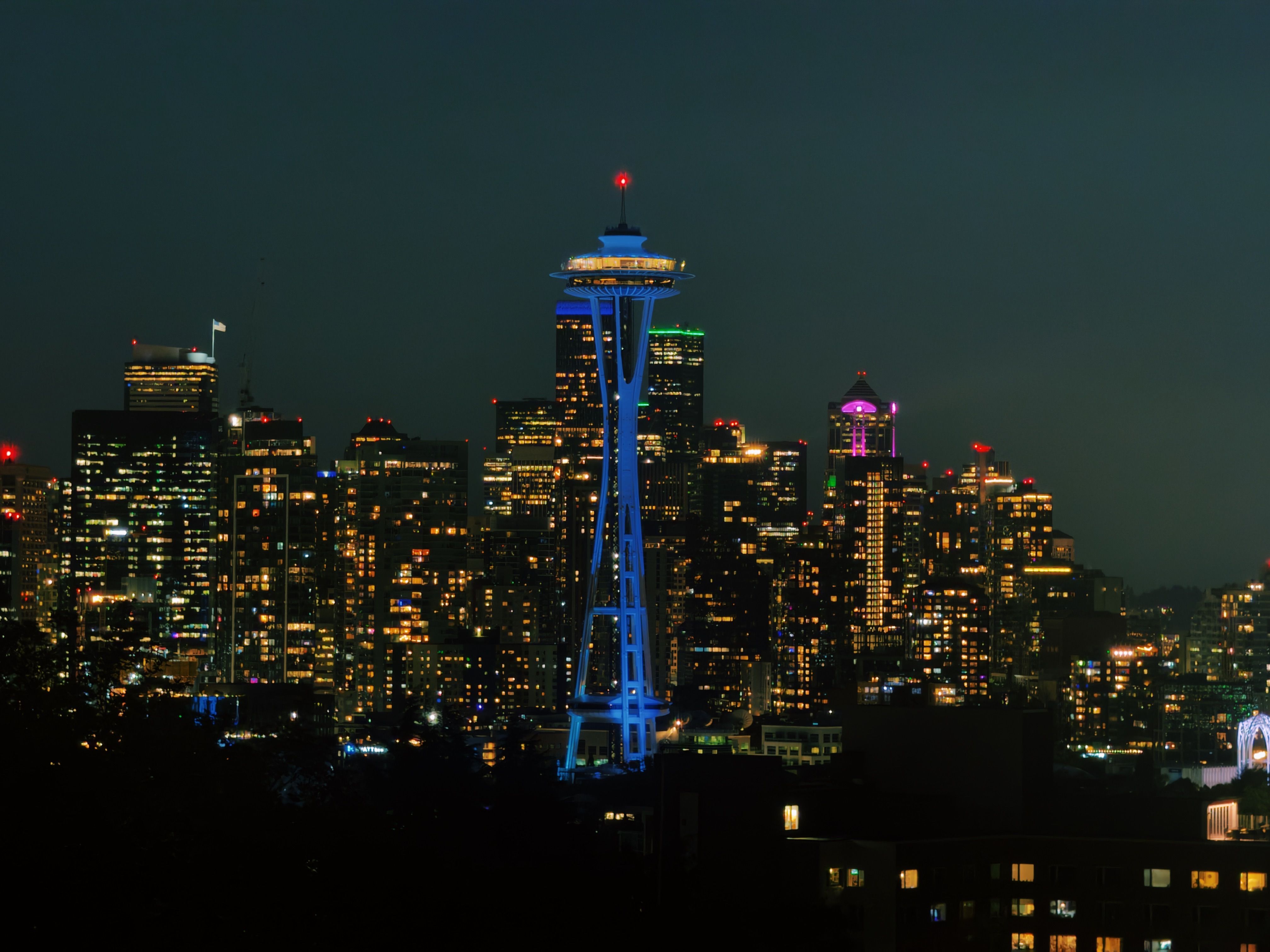 Seattle Skyline at Night Featuring Space Needle · Free Stock Photo