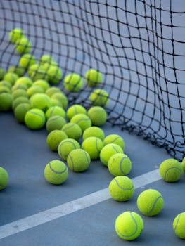 Scattered tennis balls on court with net, conveying a dynamic sports atmosphere.