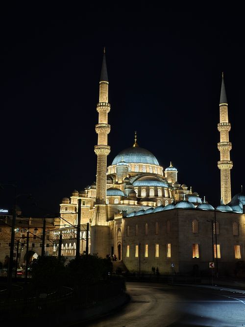 Free Beautiful night view of the Sultan Ahmed Mosque in Istanbul, Turkey, illuminated against the dark sky. Stock Photo