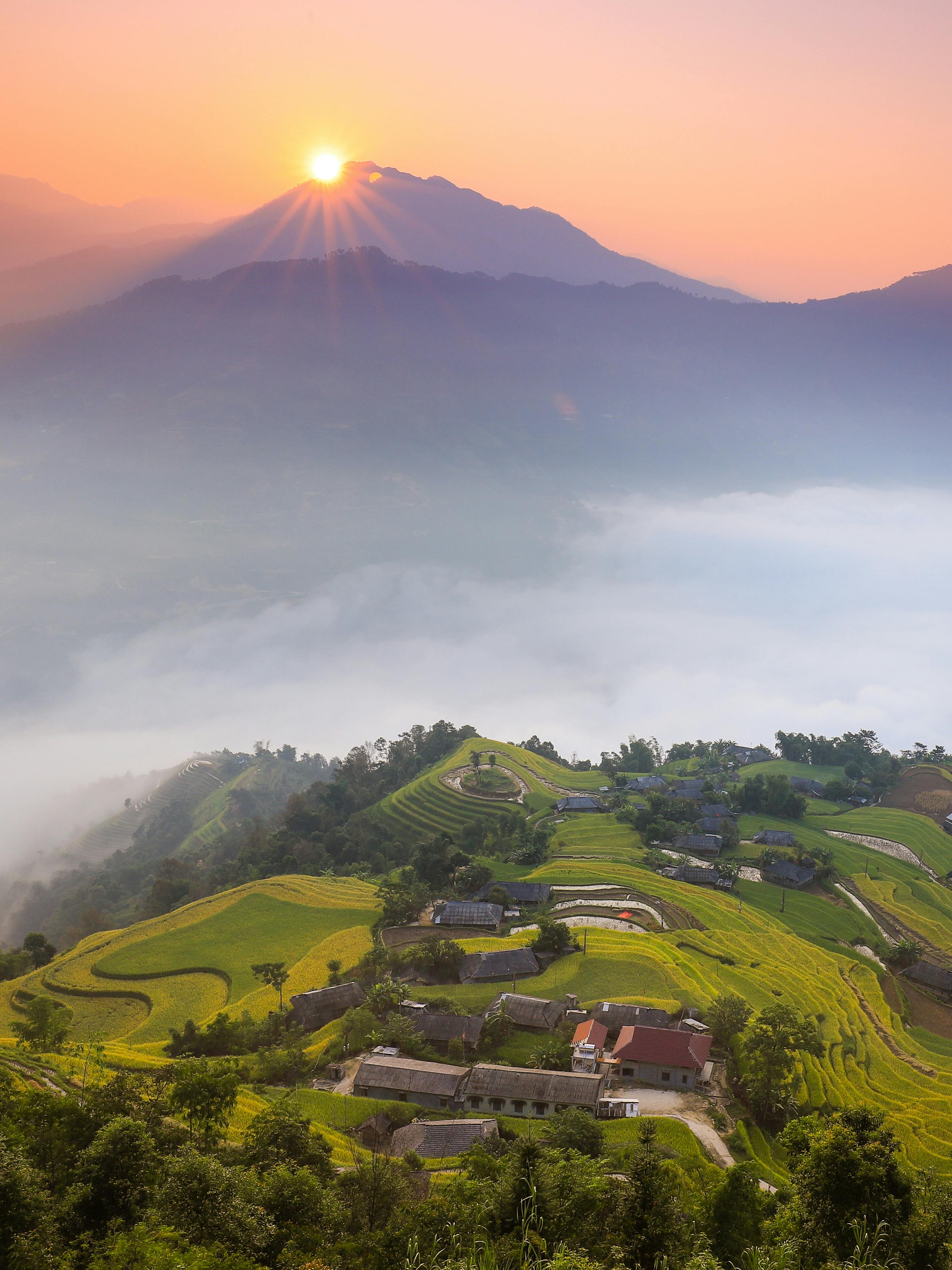 在越南河江，云雾缭绕的稻田在黎明时分呈现出令人叹为观止的景象