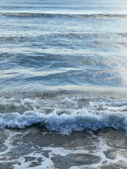 日落时分，宁静的海浪在沙滩上翻滚，营造出一片宁静的景象