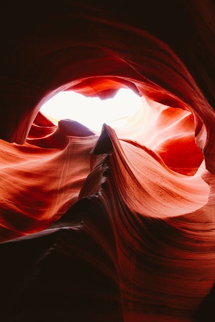 Explore a surreal view of red rock canyon formations bathed in sunlight, showcasing nature's artistic curves and textures.