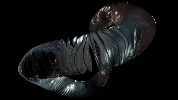 A striking abstract design of a black metallic spiral on a black background.