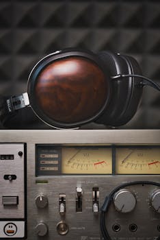 Retro-style headphones with classic audio equipment for a nostalgic music experience.
