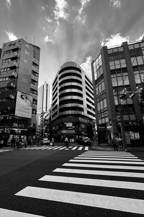 Free Black and white cityscape with modern buildings and pedestrian crosswalk. Stock Photo