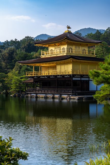 Kinkaku-ji Temple reflecting on a serene pond in Kyoto, Japan, amid lush green surroundings.