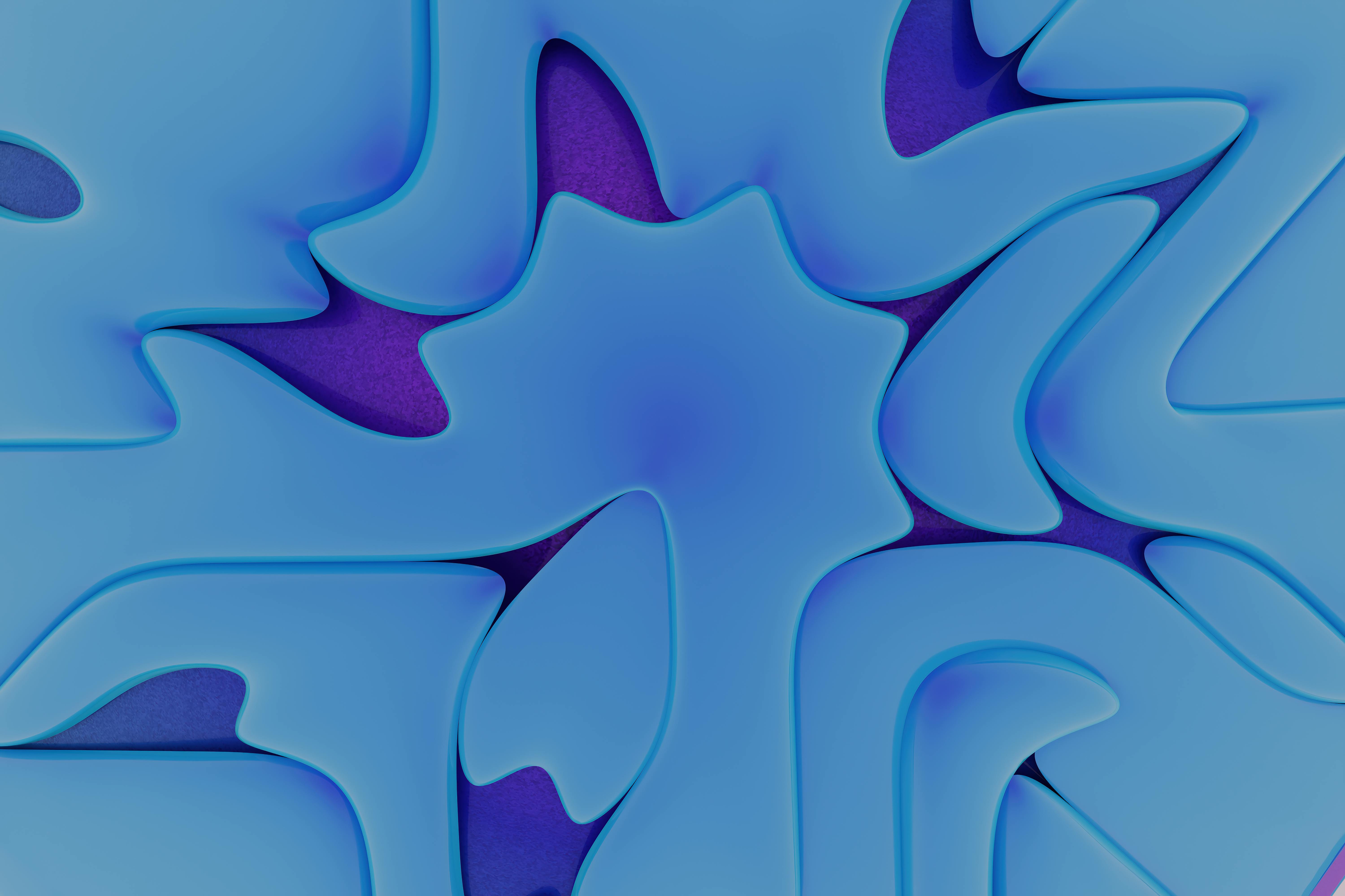 Gratis Seni geometris 3D abstrak biru dan ungu yang rumit dengan kurva halus dan kontras yang berani. Foto Stok