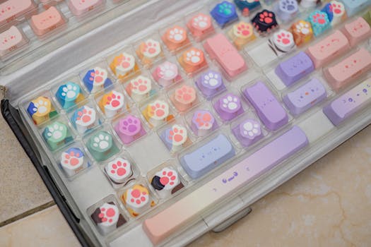 Vibrant mechanical keyboard with cat paw-themed keycaps in pastel colors.