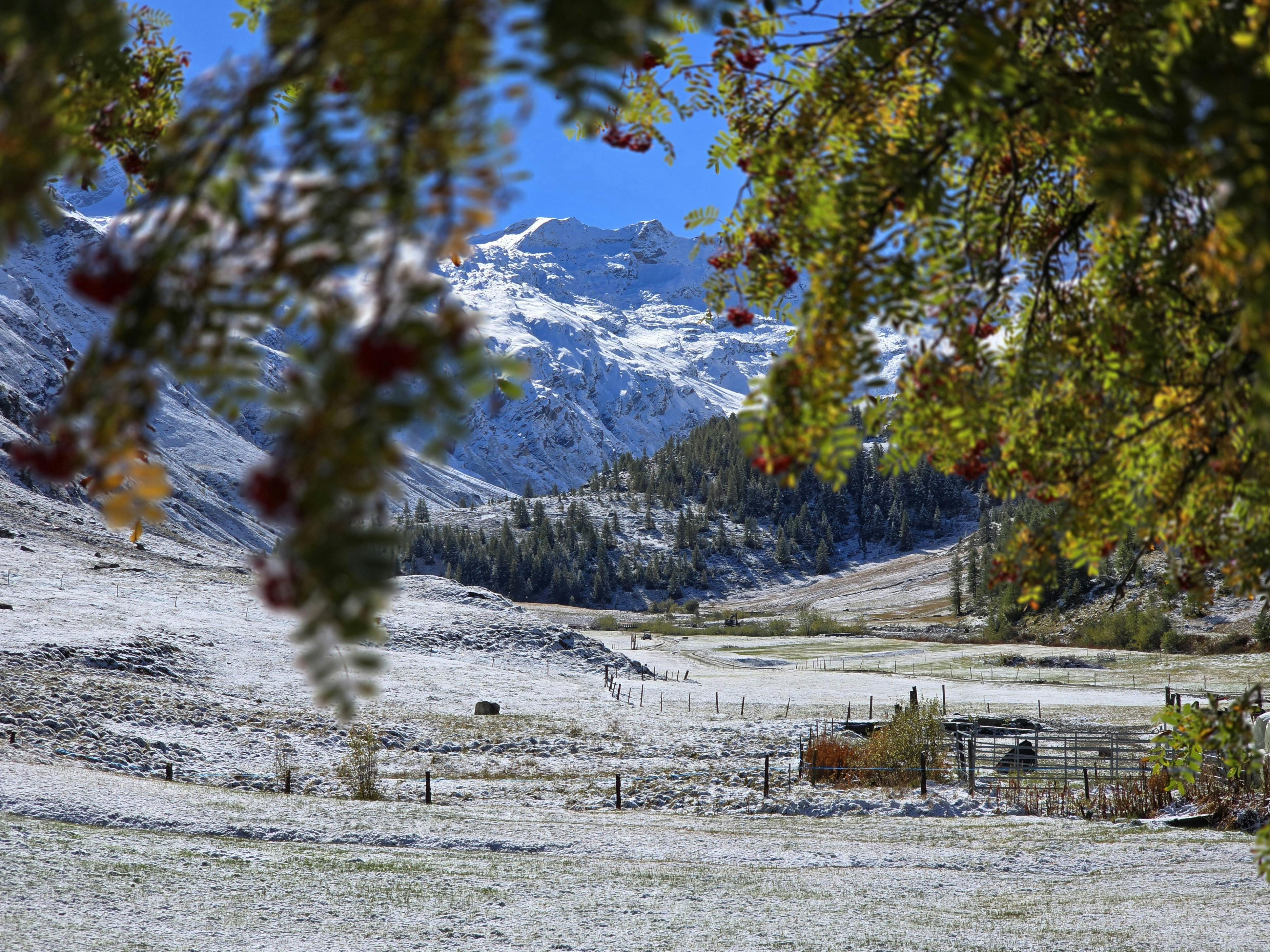 瑞士恩加丁锡尔斯的山脉和山谷，在秋季呈现出白雪皑皑的景象
