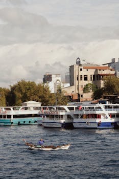 宁静的城市景观中，热闹的海滨边停着船只，四周环绕着城市建筑