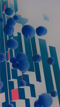 Dynamic abstract 3D render featuring blue spheres and geometric shapes with a modern aesthetic.