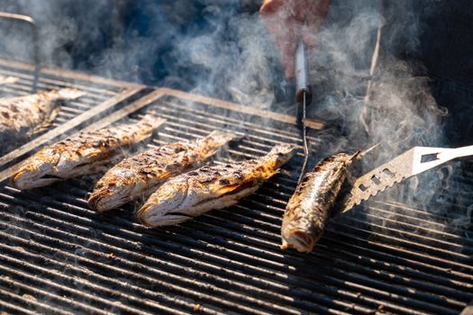 Delicious grilled fish being cooked on an outdoor barbecue with smoke rising.